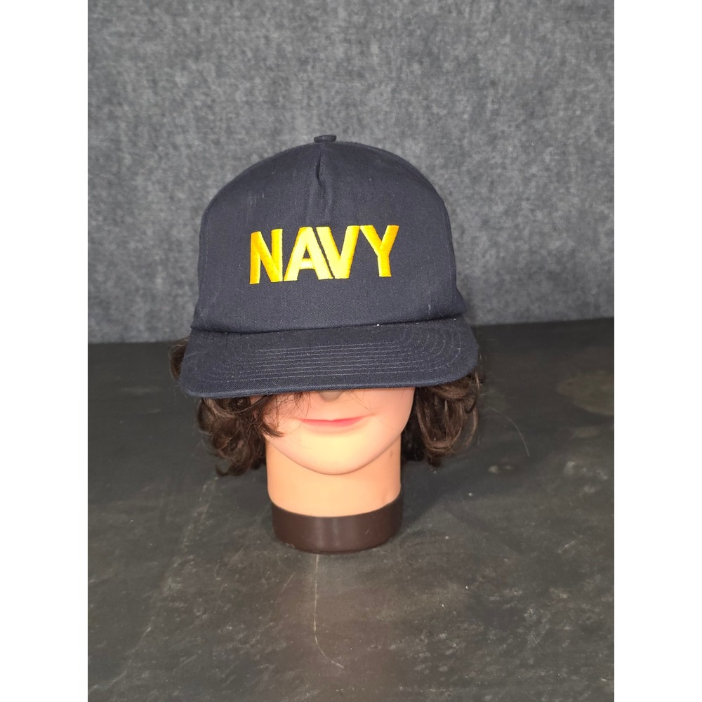 Vintage PR Navy Snapback Hat Mens Black Yellow Embroidered Military Cap USA Made